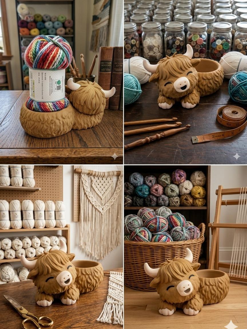 Kawaii Highland Cow Yarn Holder - 3D Printed Yarn Bowl for Knitters & Crocheters - Coo Buddy