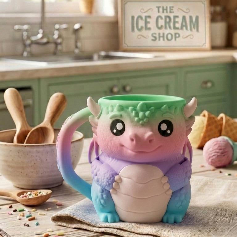 3D Printed Dragon Ice Cream Pint Holder Mug with Secret Topping Drawer | Fits 16oz Ben & Jerry's Häagen-Dazs | Fantasy Gift Cute Desk Companion Diego the Dragon