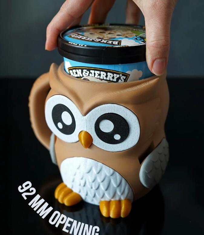 Owlfonso 3D Printed Owl Ice Cream Pint Holder with Hidden Snack Drawer & Spoon Slots Fits Ben & Jerry’s & Häagen-Dazs Pints Classic Design
