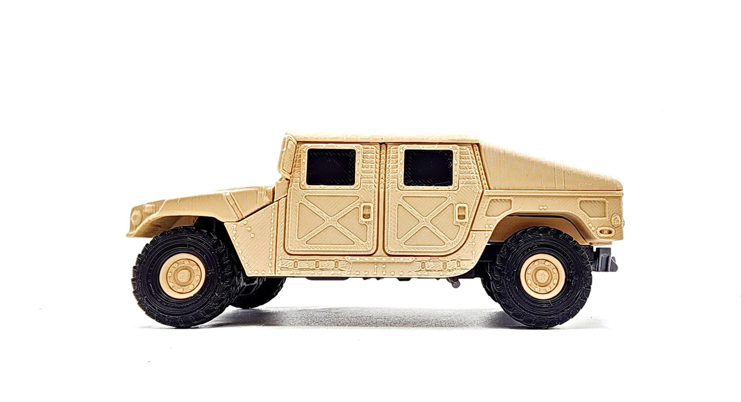 3D printed articulate Humvee action figure, fidget toy.
