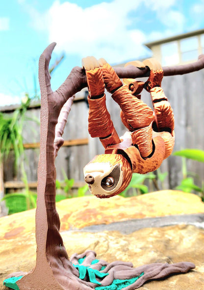 3D printed articulated Sloth with optional tree ornament. Fidget Toy, Sensory Toy.
