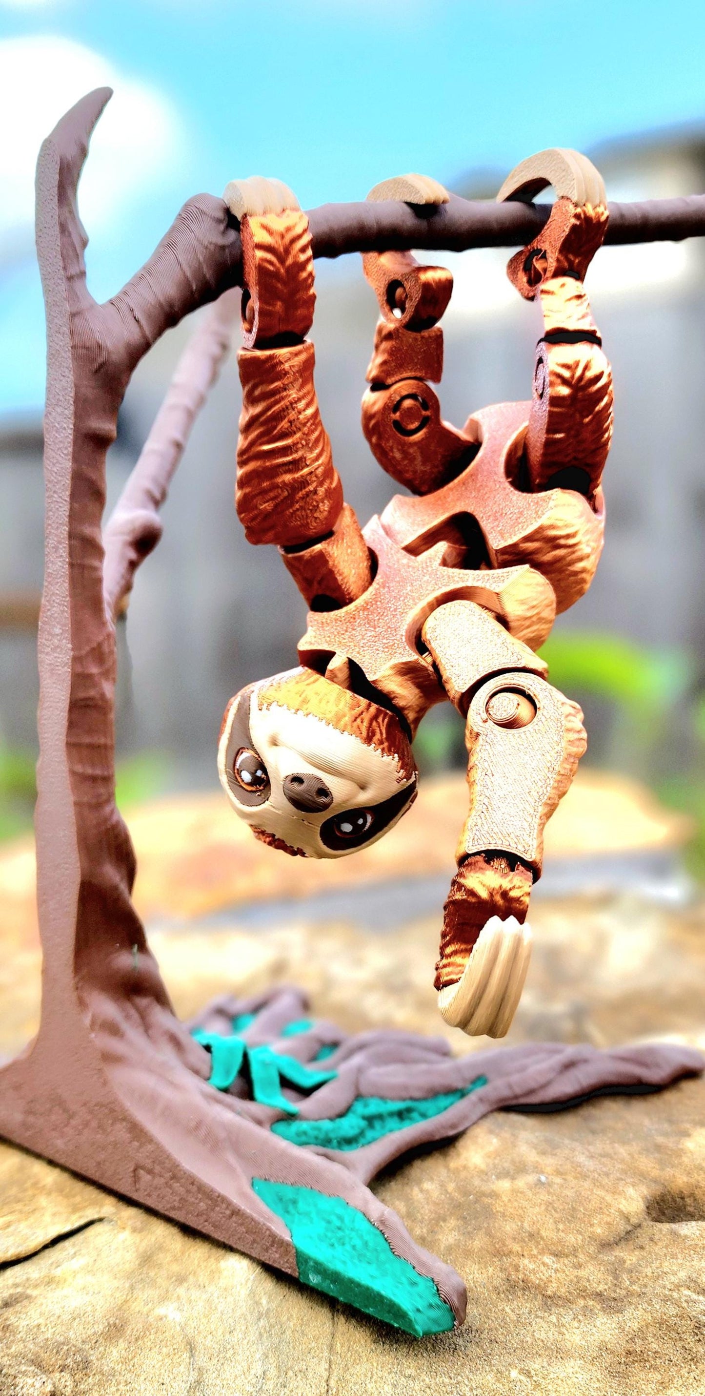 3D printed articulated Sloth with optional tree ornament. Fidget Toy, Sensory Toy.