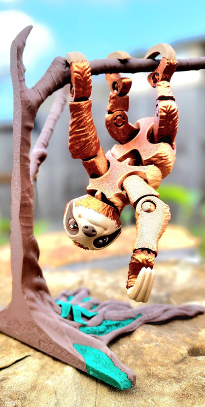3D printed articulated Sloth with optional tree ornament. Fidget Toy, Sensory Toy.