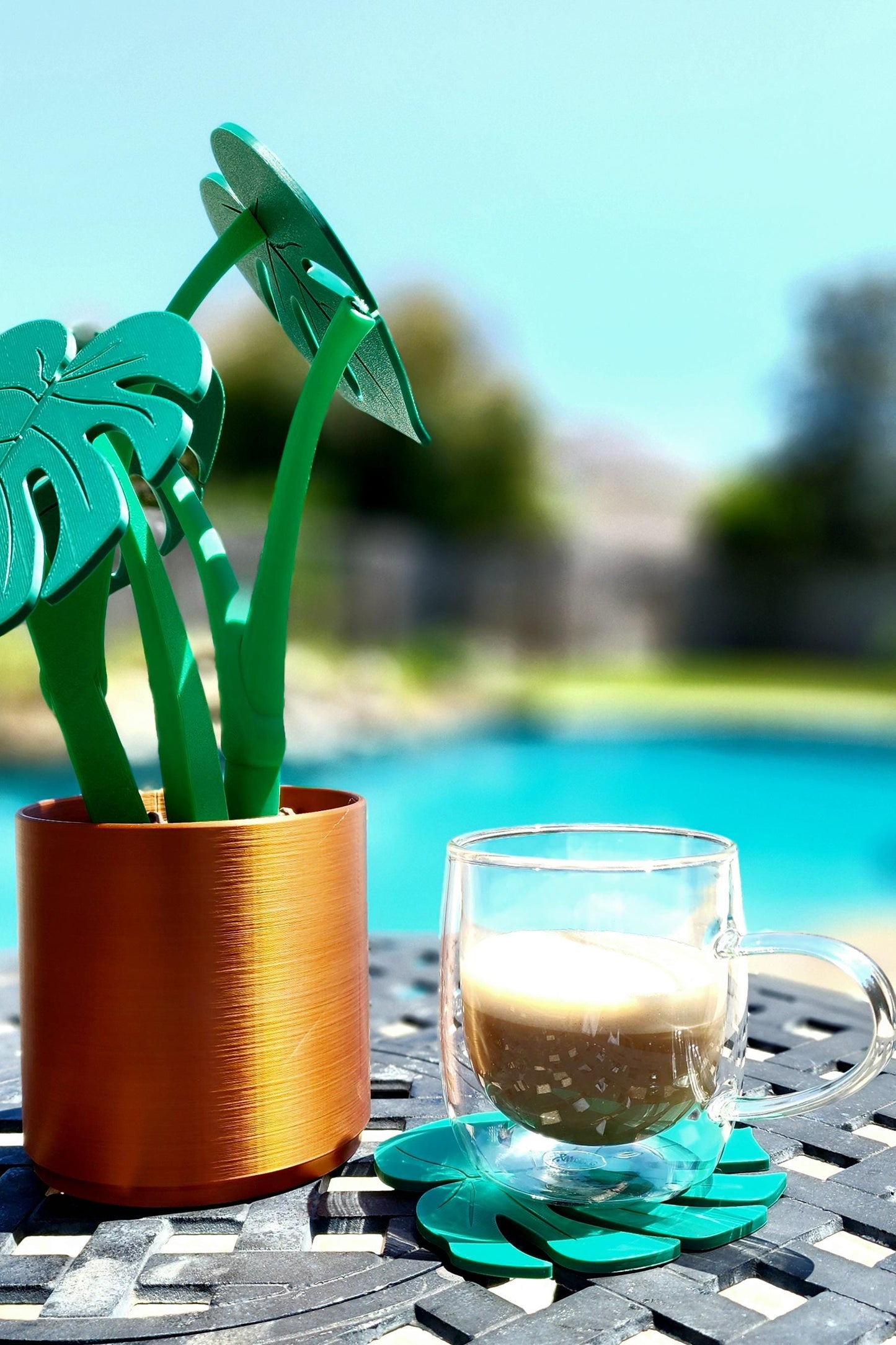 3D printed Monstera Coaster Set with optional armrest table.