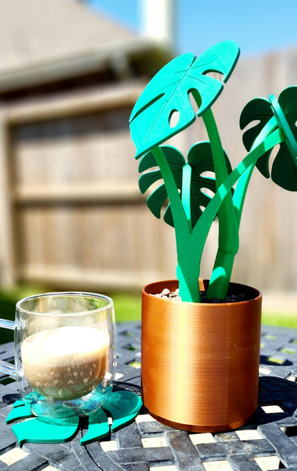 3D printed Monstera Coaster Set with optional armrest table.