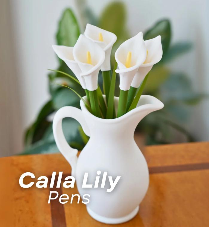 3D Printed Calla Lily Pen and Bookmark Set in Vase - Handmade Floral Desk Decor - Unique Gift for Teachers, Writers & Garden Lovers