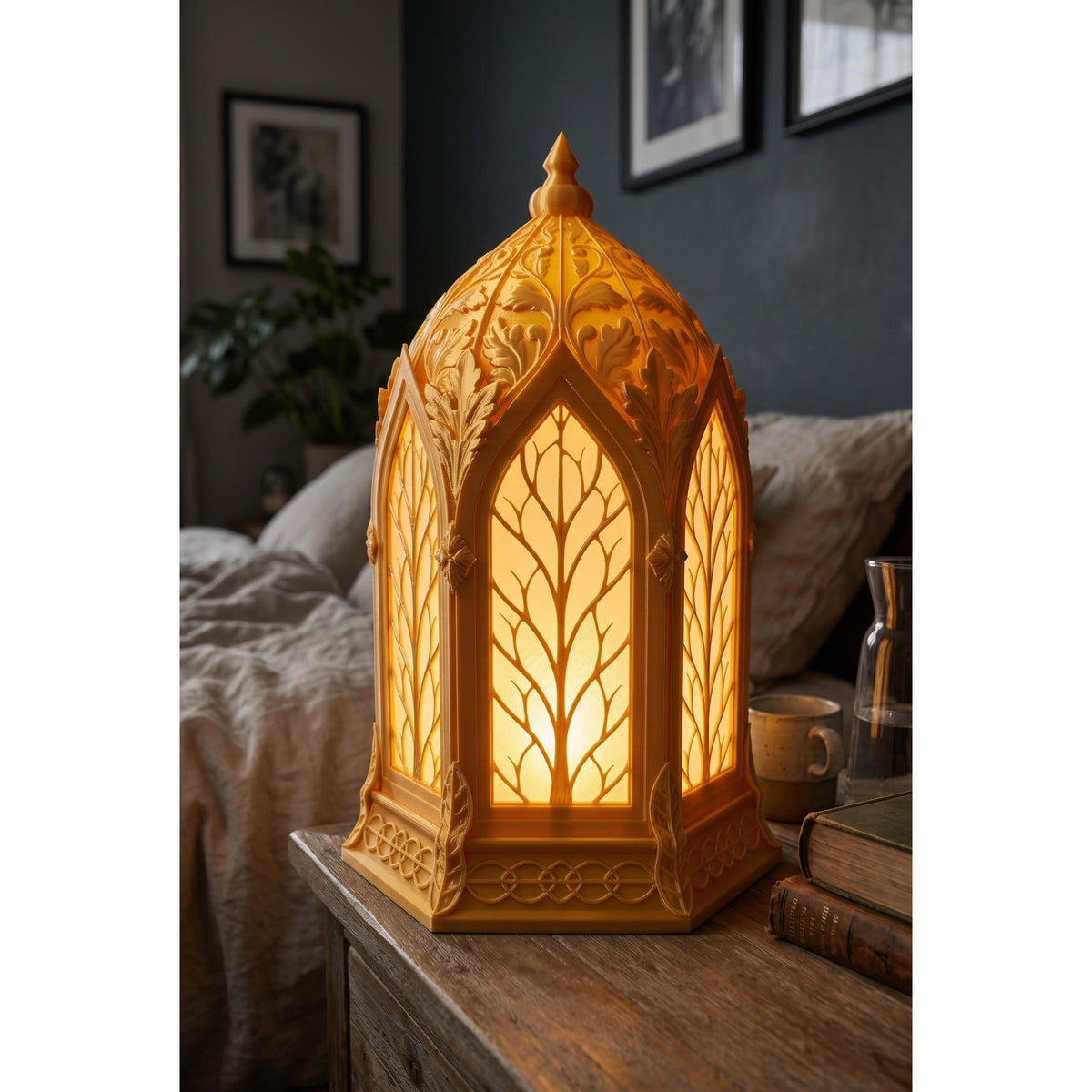 Gothic Cathedral LED table lamp glowing with multicolor light
