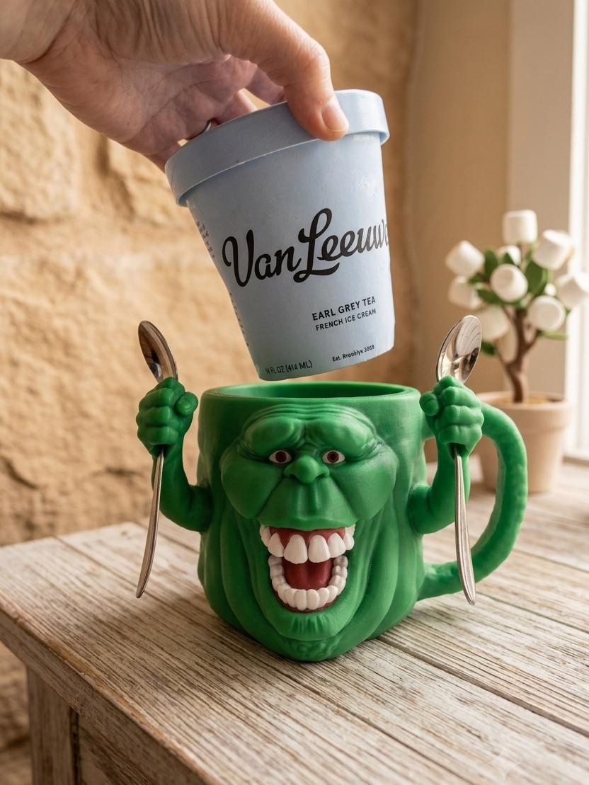Hungry Green Ghost 3D printed ice cream pint holder, view 2