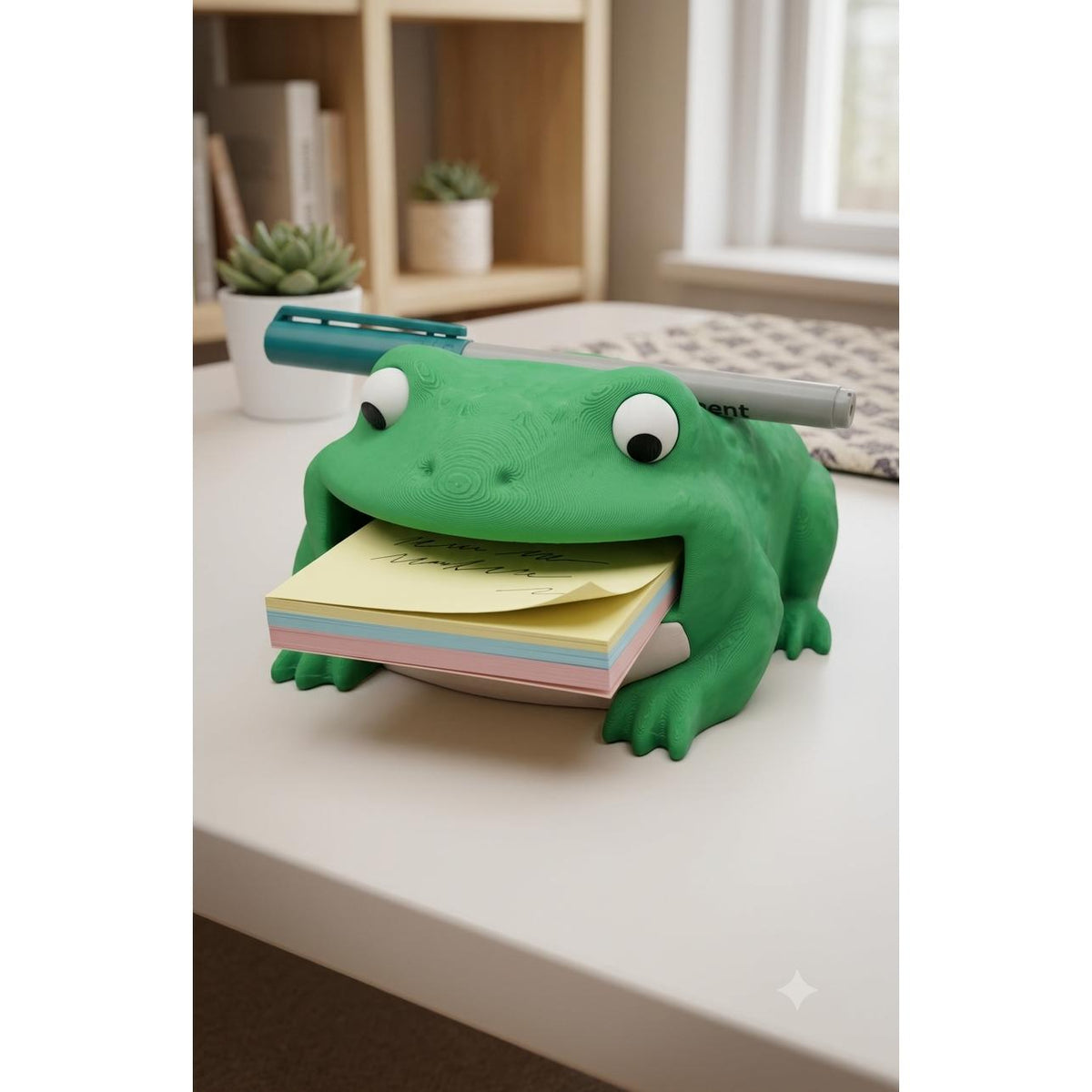Toad 3D printed sticky note dispenser, view 1