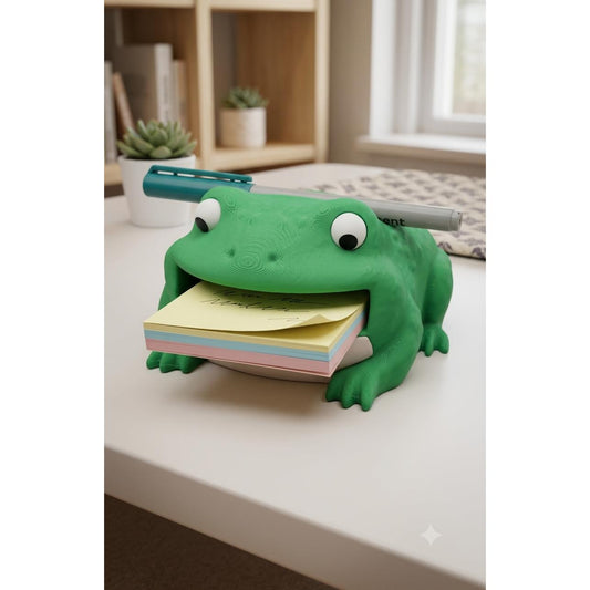 Toad 3D printed sticky note dispenser, view 1