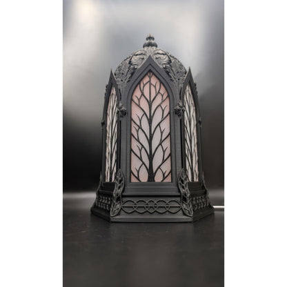Gothic Cathedral lamp shown in gold, wood, and black finishes