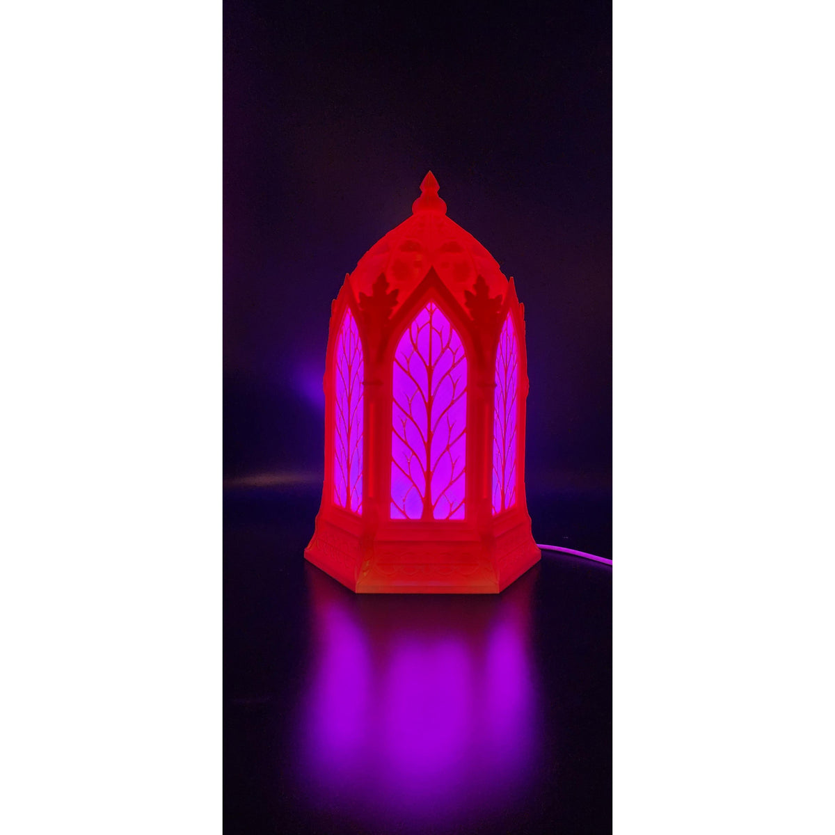 Close-up detail of 3D printed gothic cathedral lamp