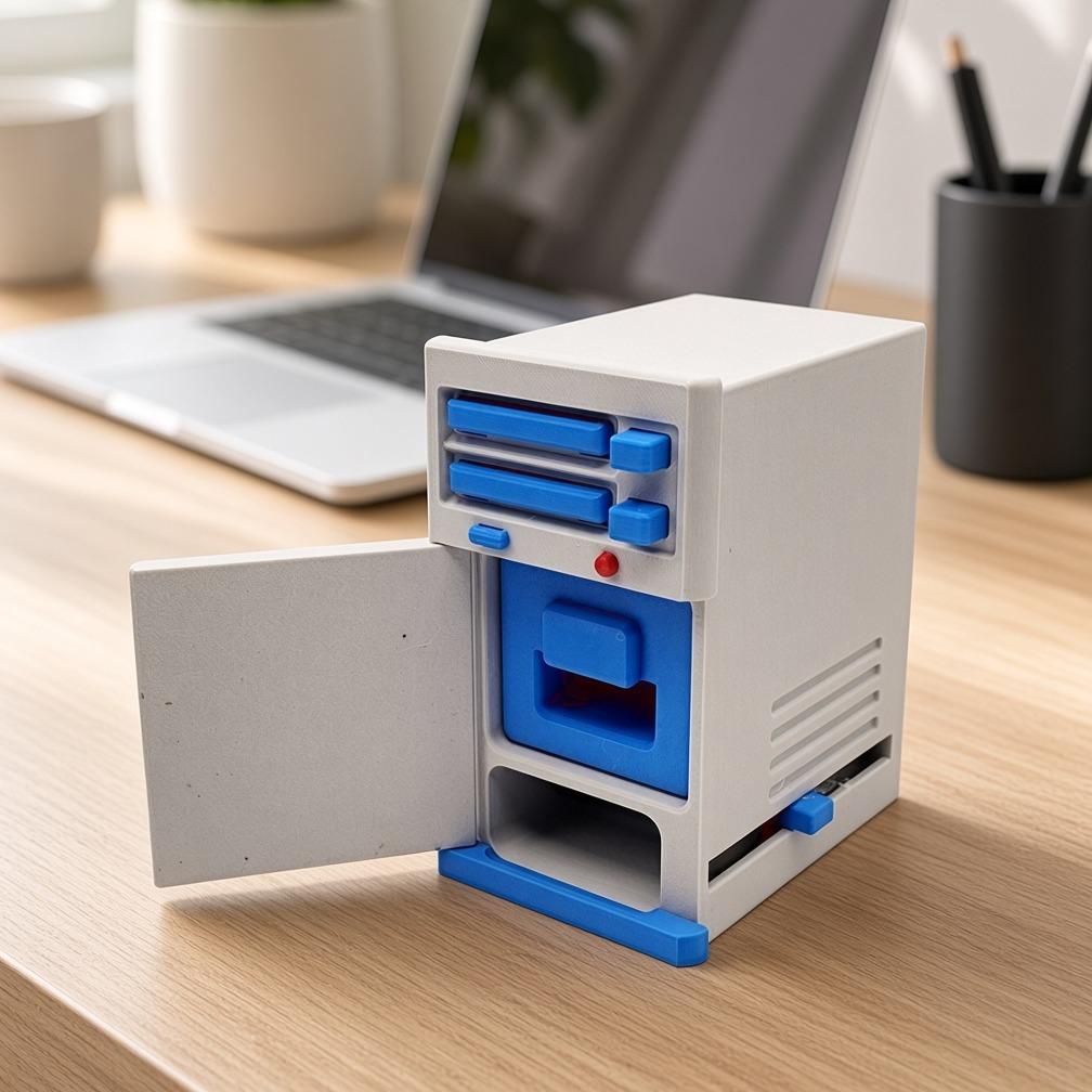 Retro 90s PC 3D printed desk organizer, view 1