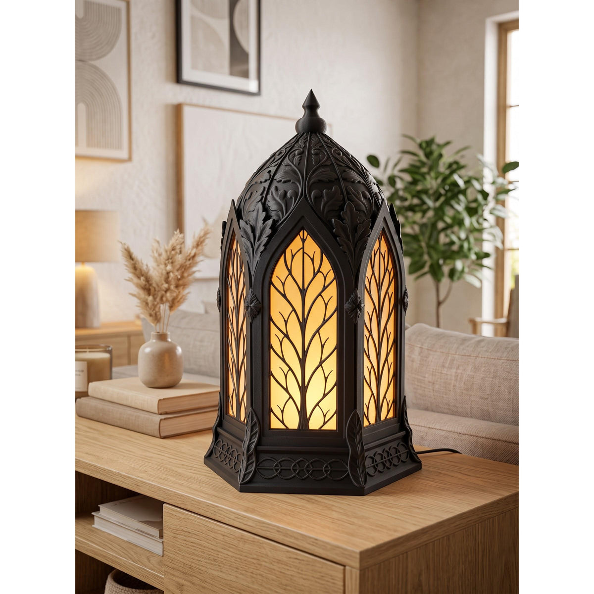 Elven Sanctuary LED table lamp glowing with multicolor light