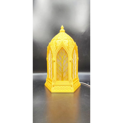 Elven Sanctuary lamp shown in gold, wood, and black finishes